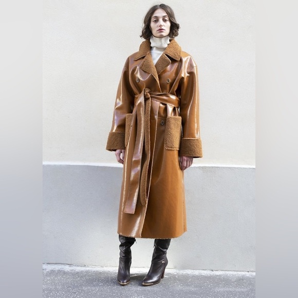 The Frankie Shop Brown Shearling Patent Coat - Picture 1 of 11
